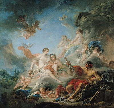 Forja de Vulcano, ou Vulcano, apresentando armas para Enéias a Vênus, desenho de tapeçaria, 1757 de François Boucher